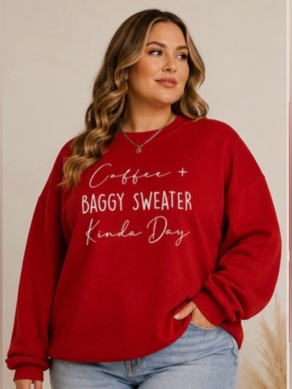 NEW Coffee + Baggy Sweater Kinda Day Oversized Graphic Sweatshirt Red Sz 2/3X